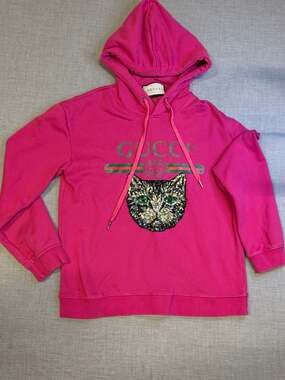 Gucci Pink Sequin Mystic Cat Logo Hoodie Size M